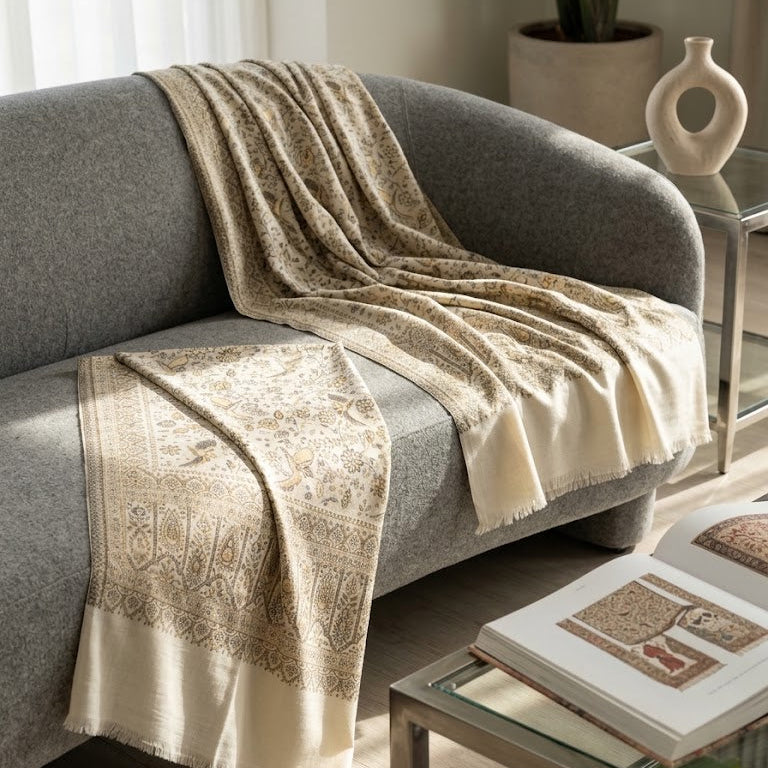 A beige and cream patterned throw blanket draped over a gray sofa in a bright, modern living room setting.