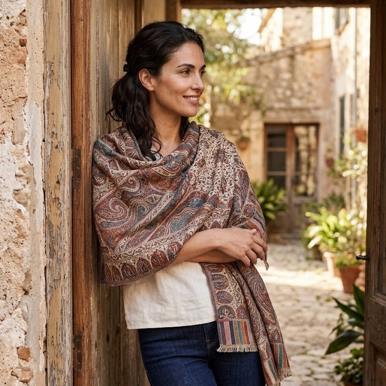 A woman wearing a brown paisley shawl draped over her shoulders, a white t-shirt, and dark blue jeans, standing in a rustic stone doorway.