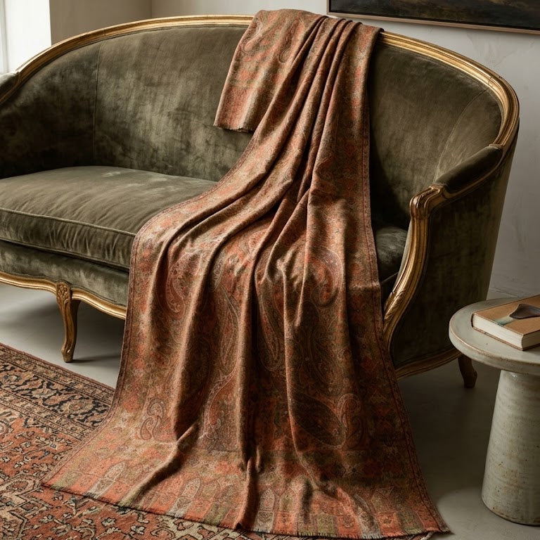 A draped rust-orange patterned throw blanket with a paisley design is styled over an olive green velvet armchair in a classic room setting with a framed landscape painting and a rug.