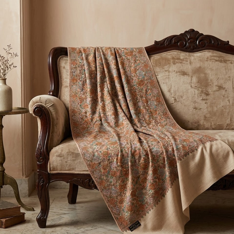 Decorative blanket draped over a vintage-style sofa in a room with a neutral color scheme.