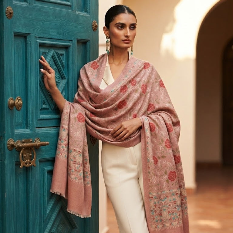 A woman stands in a courtyard wearing a dusty pink shawl with red floral motifs and cream pants, posing next to a teal wooden door.