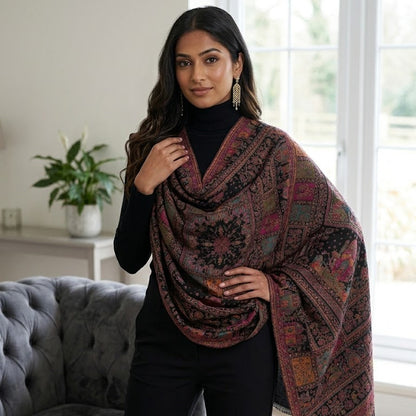 A woman models a large, draped shawl with an intricate multicolor paisley and floral pattern in red, black, and gold tones, styled over a black turtleneck and black trousers in a bright living room setting.