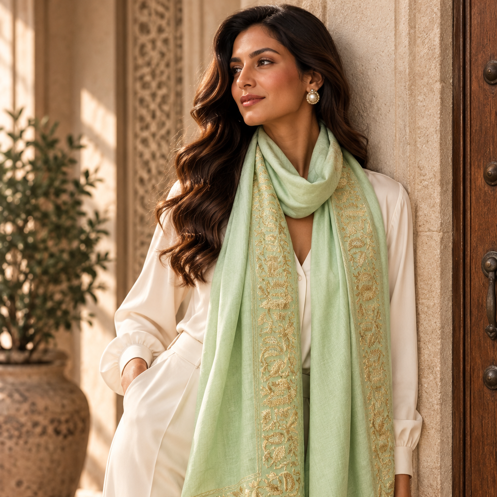 A woman wearing a light mint green scarf with gold embroidered borders, styled over a white outfit, leaning against a stone wall in an elegant outdoor setting.