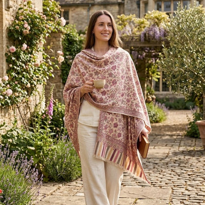 A woman stands on a cobblestone path in a garden courtyard, wearing a pink and beige floral shawl over cream-colored clothing. She holds a mug in one hand and a small brown clutch in the other, with stone walls, climbing flowers, and greenery in the background.