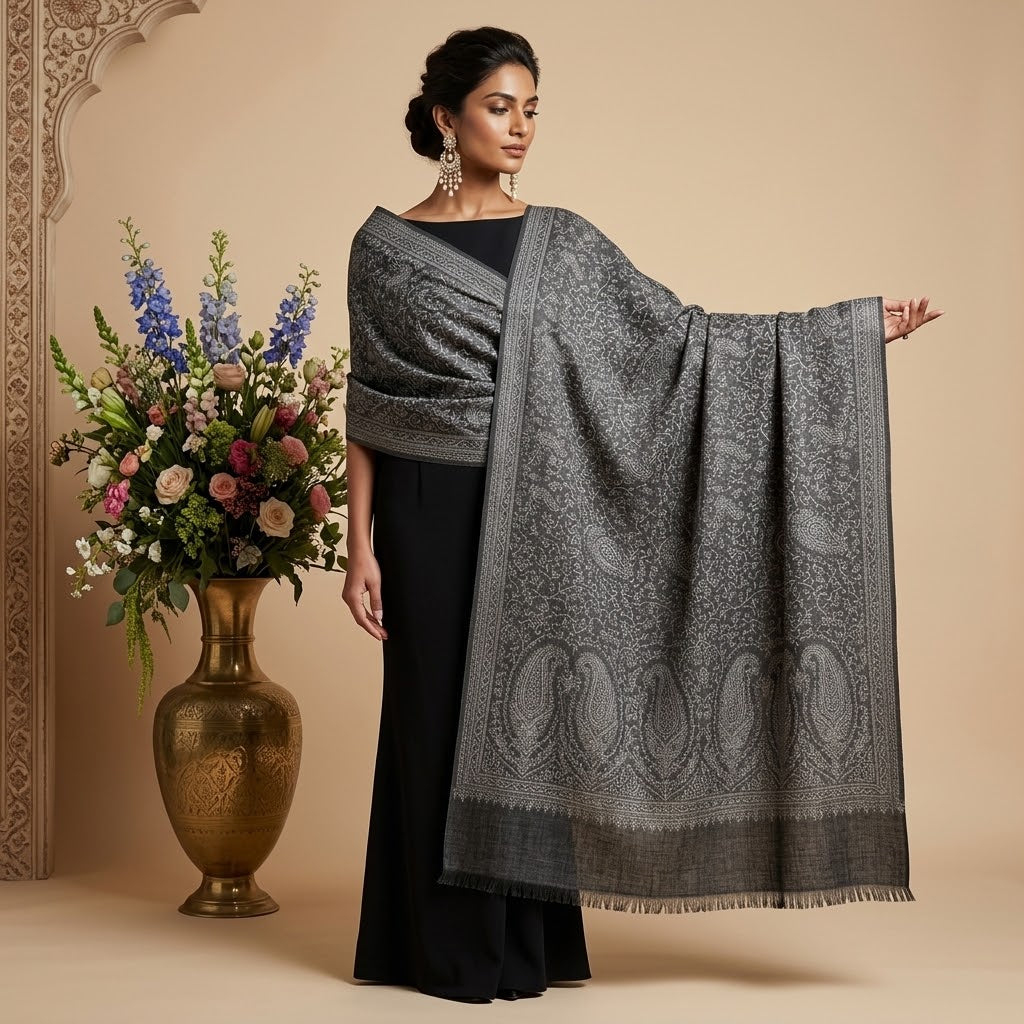 Charcoal grey silk wool kani shawl
