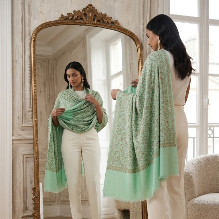 A woman stands in front of a large ornate mirror in a bright room, holding up a mint green patterned shawl or wrap. She is wearing a matching mint green shawl draped over her shoulders, white pants, and beige heels.