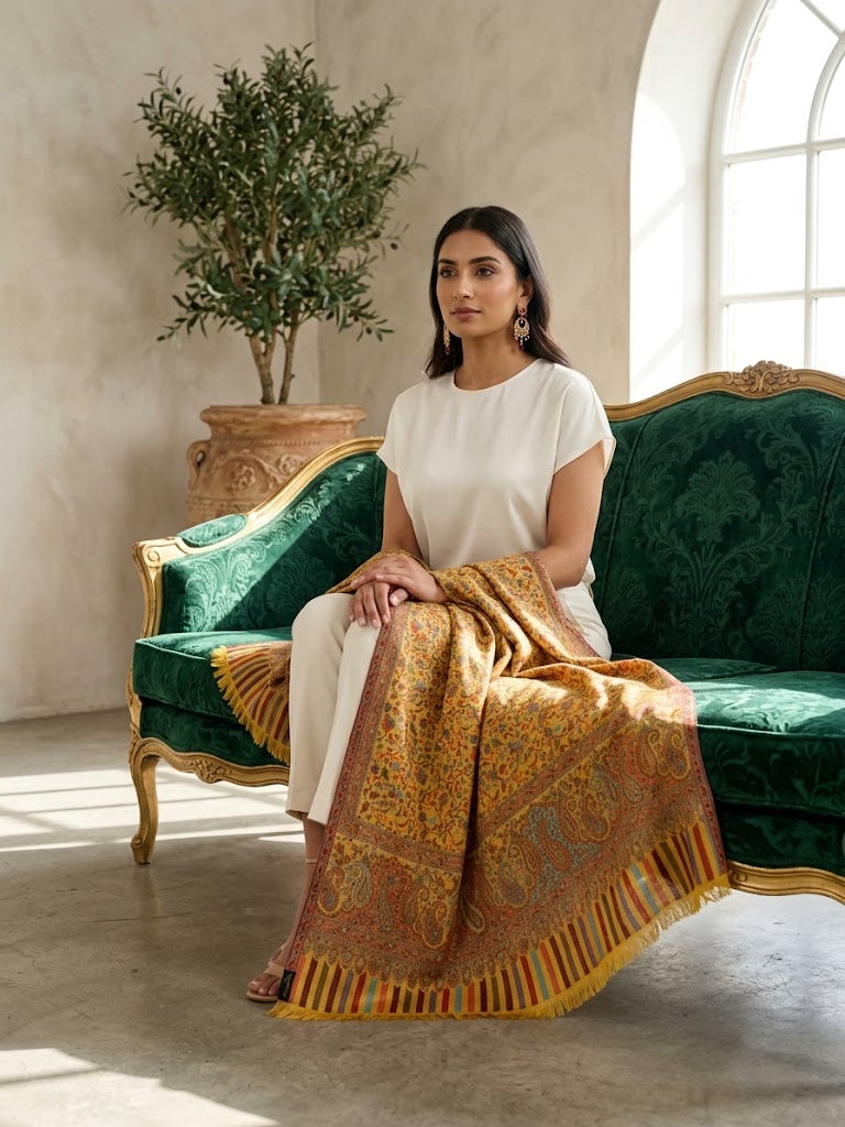 A woman sits on an ornate green velvet sofa draped with a richly patterned golden-yellow shawl featuring intricate paisley and floral motifs, in a sunlit room with a potted olive tree.