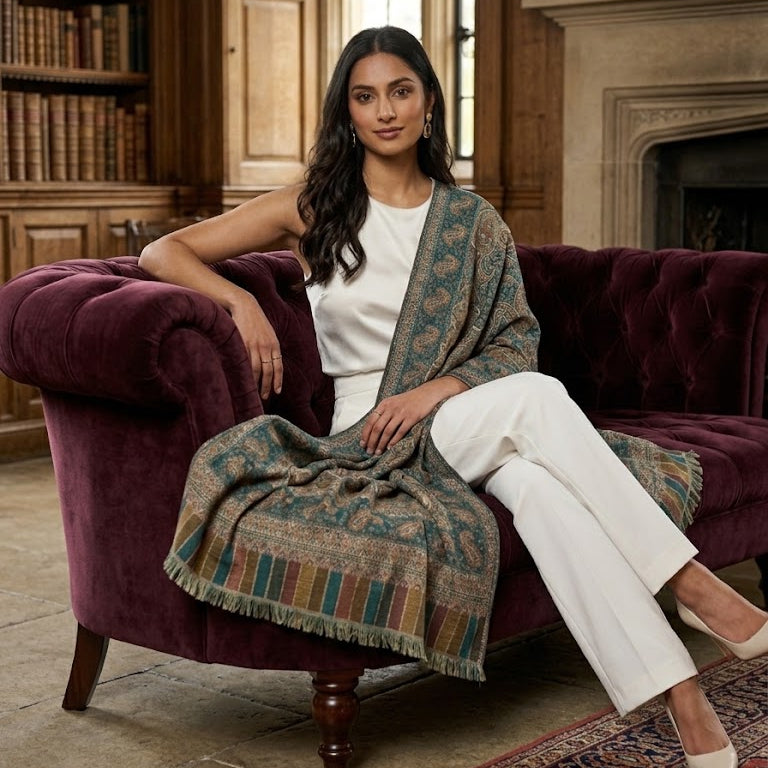 A woman sits on a plush burgundy velvet armchair in a classic library, draped in a patterned teal and gold shawl over a white top and white trousers.