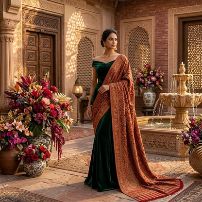 Woman in a green and orange traditional outfit standing in a decorative interior setting with flowers and a fountain.