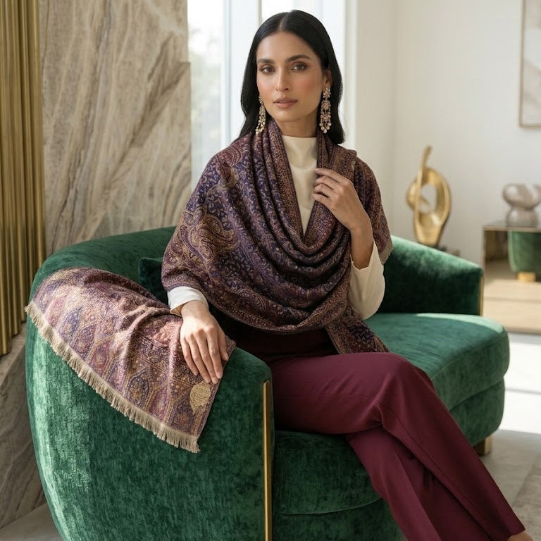 A woman sits on a green velvet lounge chair in a modern interior, draped in a patterned shawl with matching fabric draped over the arm. She wears burgundy trousers and a white top, with the shawl showing a dark purple and brown paisley pattern.
