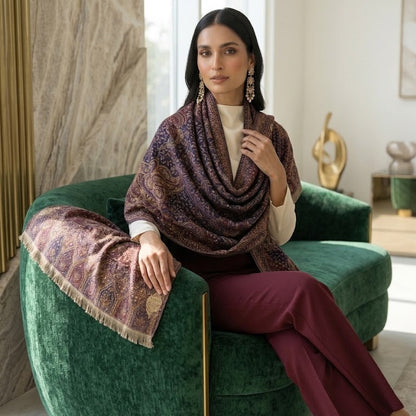 A woman sits on a green velvet lounge chair in a modern interior, draped in a patterned shawl with matching fabric draped over the arm. She wears burgundy trousers and a white top, with the shawl showing a dark purple and brown paisley pattern.