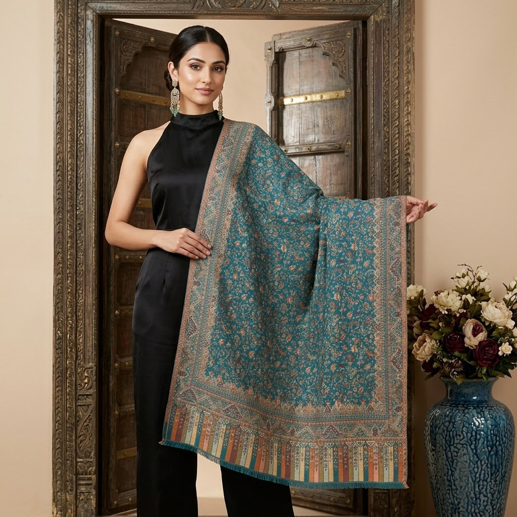 A woman models a teal blue and beige patterned shawl draped over her shoulders, standing in front of an ornate wooden door with a blue vase of flowers on the side.