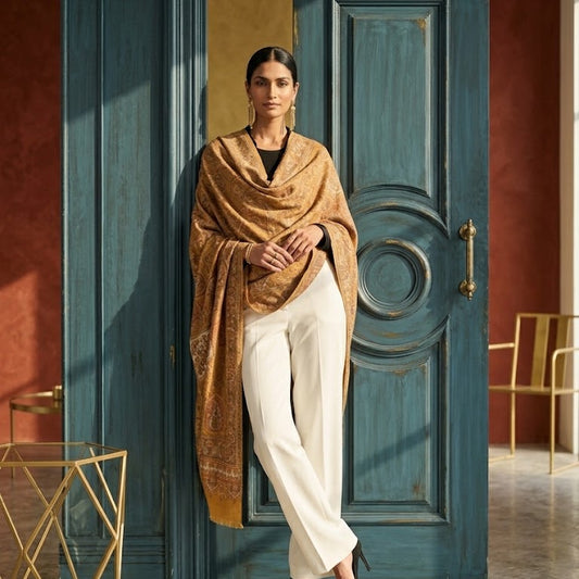 A woman stands in front of a teal wooden door wearing a draped mustard-gold shawl over a black top and white wide-leg trousers with black heels. The setting has warm terracotta walls, a gold chair, and a small gold side table.