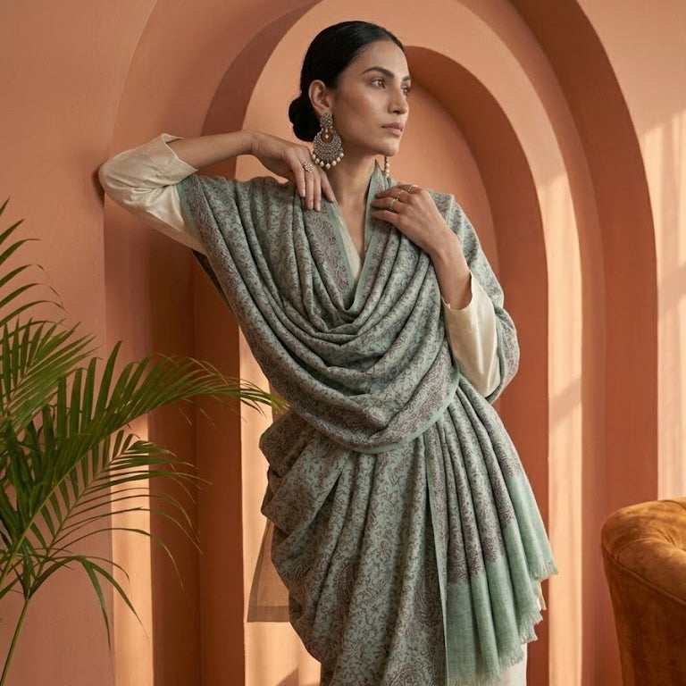 A woman models a draped sage green shawl with a subtle paisley pattern over a cream-colored outfit, posed in front of a warm terracotta archway with a plant on the left.