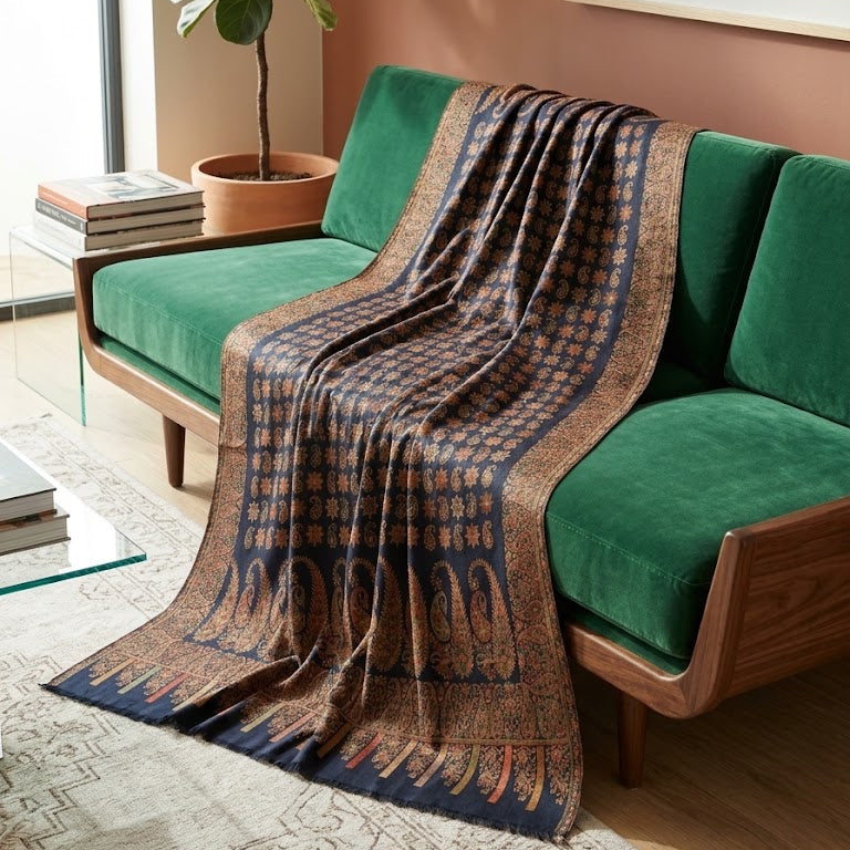 A dark brown and navy blue patterned throw blanket with gold accents is draped over a green velvet sofa in a modern living room setting.