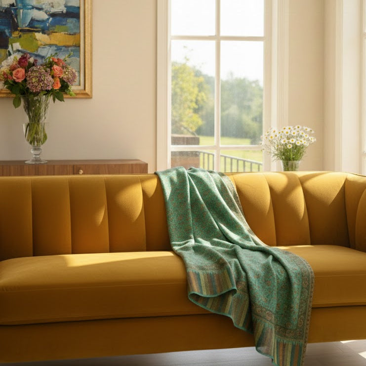 Yellow sofa with a green blanket in a bright living room with large windows.