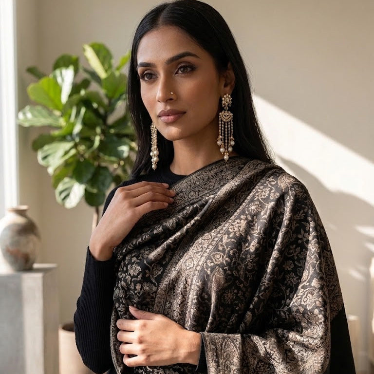 A woman wearing a black and brown brocade shawl draped over her shoulders, styled with long gold-toned statement earrings, in a brightly lit indoor setting with a potted plant in the background.