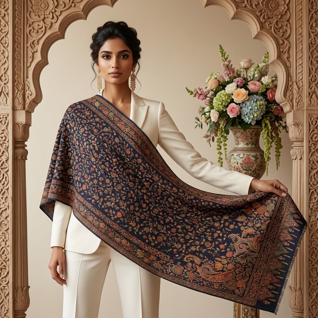 A woman in a cream-colored suit holds up a large navy blue shawl or wrap decorated with intricate orange, brown, and gold floral and paisley patterns, set against an ornate beige archway with a floral arrangement in the background.