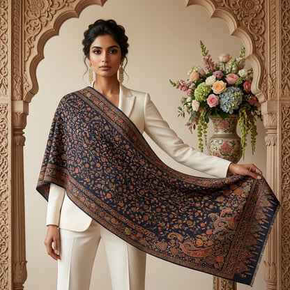 A woman in a cream-colored suit holds up a large navy blue shawl or wrap decorated with intricate orange, brown, and gold floral and paisley patterns, set against an ornate beige archway with a floral arrangement in the background.
