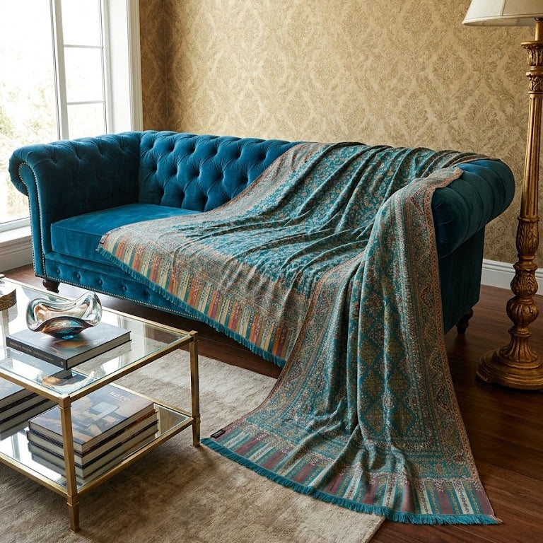A teal blue tufted velvet sofa in a styled living room, draped with a patterned teal throw blanket featuring stripes and paisley motifs in blue, green, and orange.