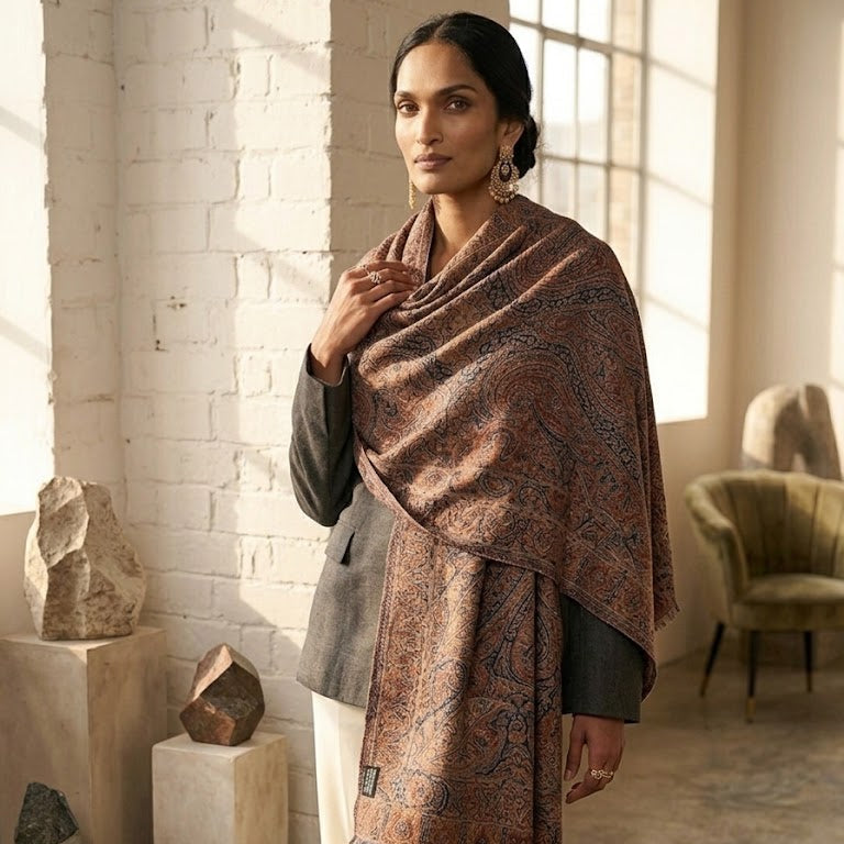 A woman stands in a sunlit studio interior wearing a large patterned shawl draped over her shoulders, with a dark blazer and cream pants. The shawl has a warm rust-brown base with intricate paisley-style detailing in darker tones.