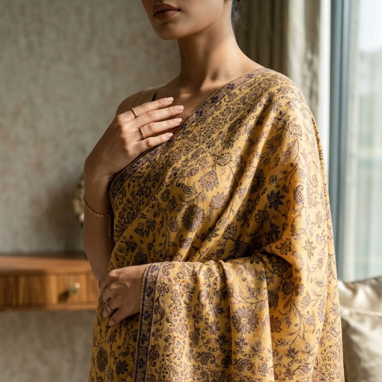 A woman wearing a mustard yellow shawl with a dark brown floral block print and border, shown in a softly lit indoor setting.