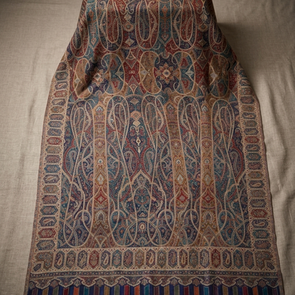 A folded patterned scarf or shawl with intricate paisley and floral motifs in blue, red, beige, and brown tones, laid flat on a neutral fabric background.