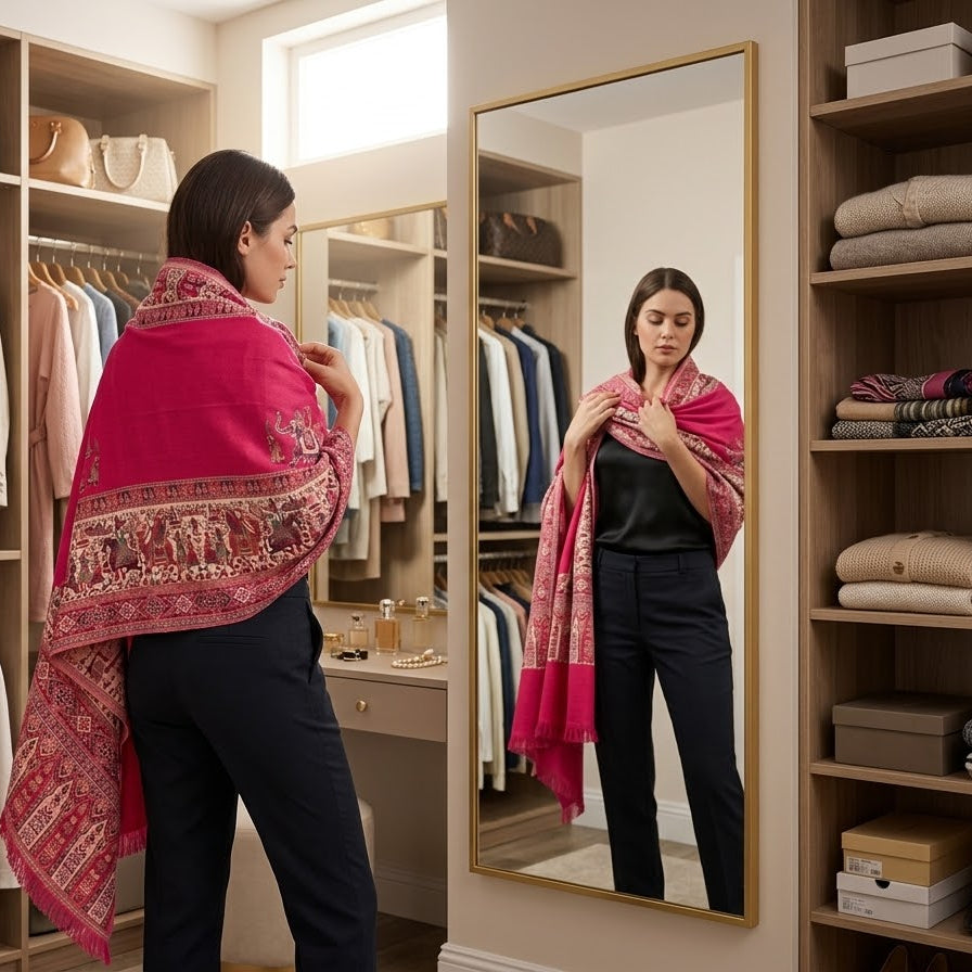 A woman in a walk-in closet wearing a bright pink patterned shawl draped over her shoulders, with her reflection visible in a large gold-framed mirror. The closet is filled with clothing, folded garments, and storage boxes.