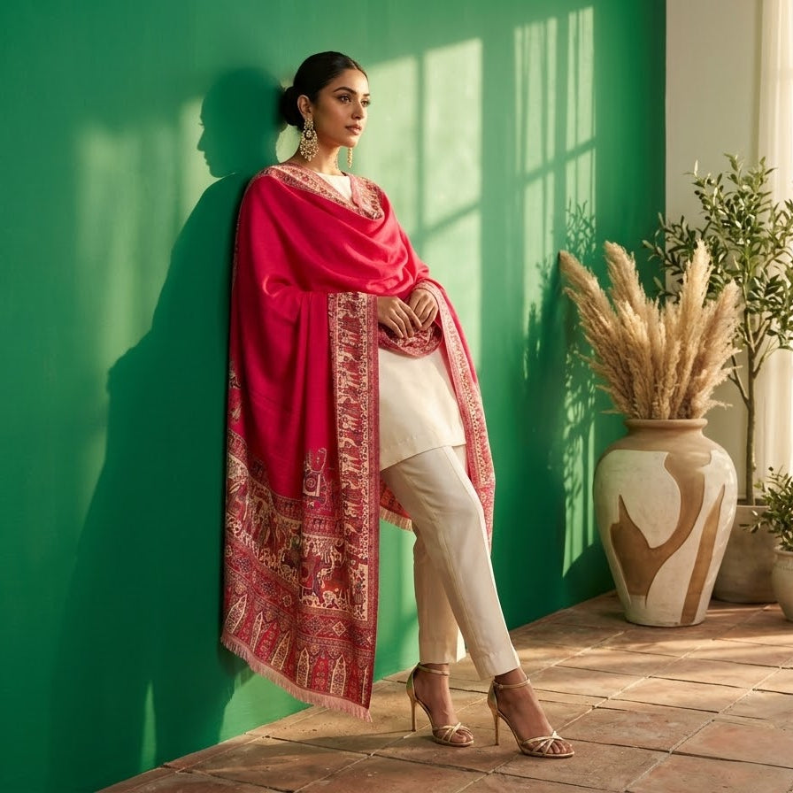 A woman models a traditional outfit consisting of a white kurta and trousers paired with a vibrant pink kalamkari shawl featuring intricate gold embroidery, leaning against a green wall in a sunlit room.