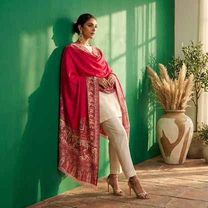 A woman models a traditional outfit consisting of a white kurta and trousers paired with a vibrant pink kalamkari shawl featuring intricate gold embroidery, leaning against a green wall in a sunlit room.