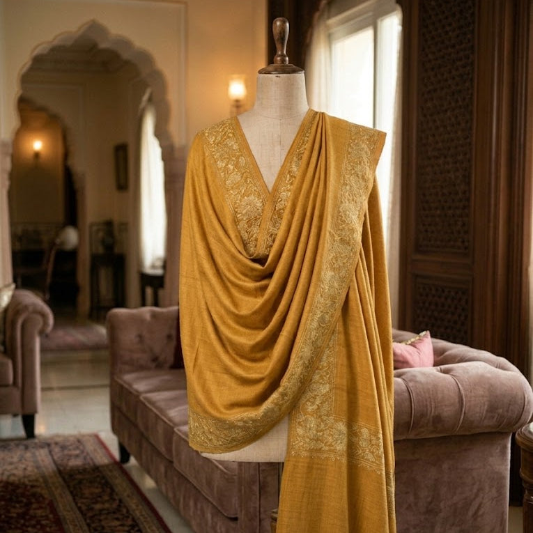 A mustard yellow shawl with intricate gold embroidery draped over a mannequin torso in an elegant, traditional Indian room with a pink velvet sofa and patterned rugs.