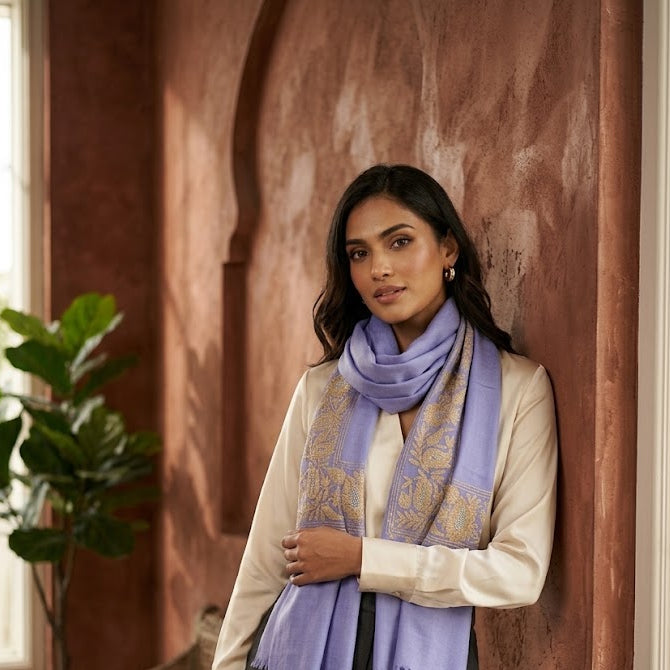 A woman wearing a lavender and gold patterned fringed scarf, a cream blouse, and dark gray trousers, leaning against a textured terracotta wall in a warm indoor setting.