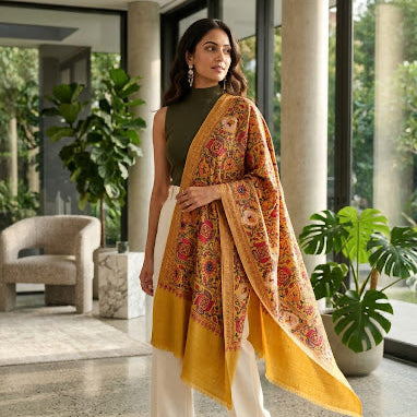 Mustard Nalki Pure Wool Jama Stole - Embroidered Wrap for Weddings & Evening Wear