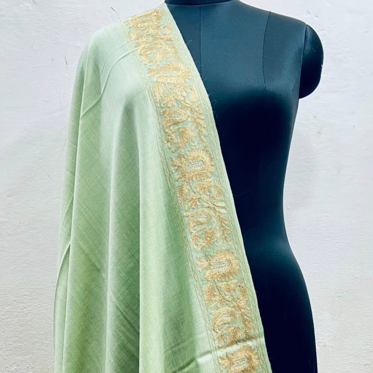 Sage Green Tilla Wool Blend Shawl - Gold Thread Border for Evening Wear