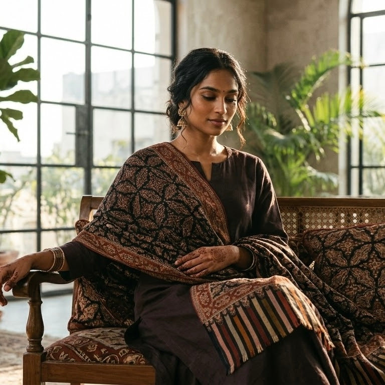 A woman seated on a wooden chair in a sunlit room, wearing a dark brown traditional outfit with a patterned shawl draped over her shoulders. The setting includes large windows, plants, and a warm interior background.