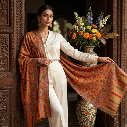 A woman models a vibrant orange and red patterned shawl draped over her shoulders, paired with a white outfit, standing in front of ornate dark wood doors next to a large floral arrangement.