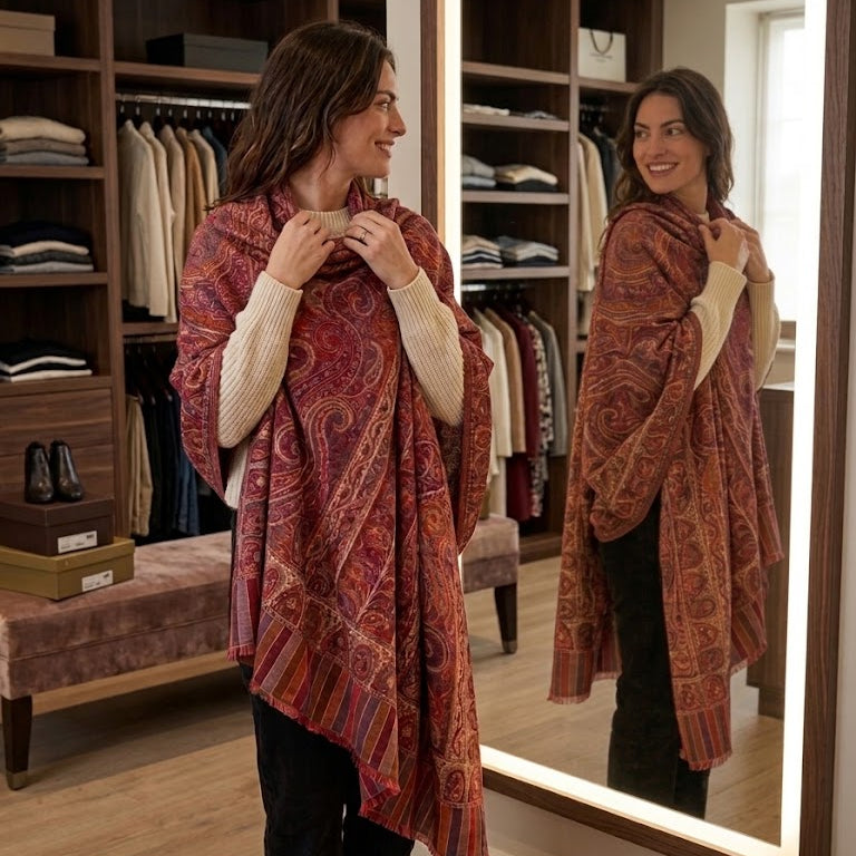 A woman stands in a dressing room wearing a large paisley shawl draped over her shoulders, with a tall lighted mirror showing her reflection. The shawl has a warm rust, terracotta, and burgundy pattern with red, orange, and brown tones.