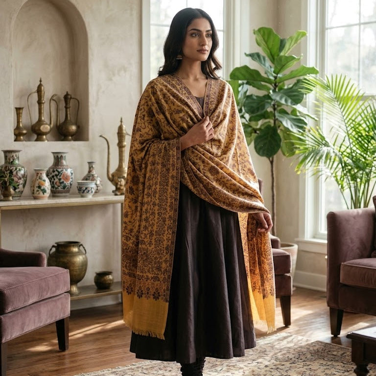 A woman stands in a sunlit living room wearing a dark brown traditional outfit with a large mustard-yellow shawl featuring an intricate gold-toned pattern and a wide border. The room has warm neutral walls, a fireplace mantel with decorative vases, a large green plant, and upholstered armchairs.