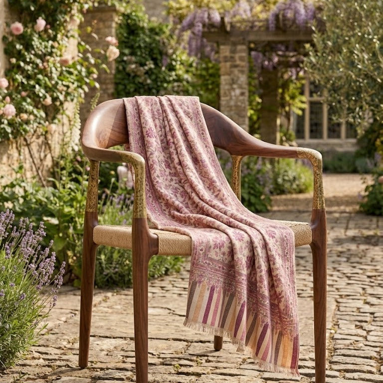 A pink patterned knit throw blanket with fringe is draped over a wooden armchair in a garden courtyard setting.