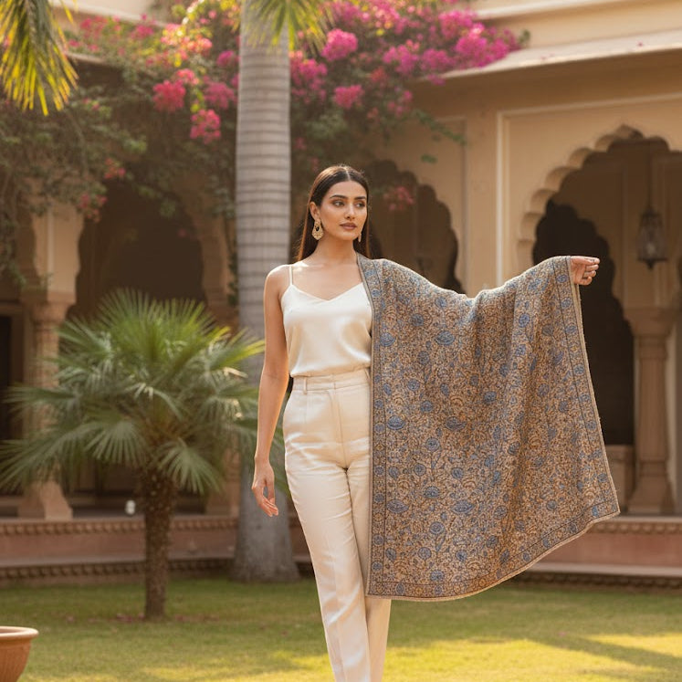 Brown Sozni Wool Shawl - Jamawar Rose Embroidered Wrap for Evening Wear