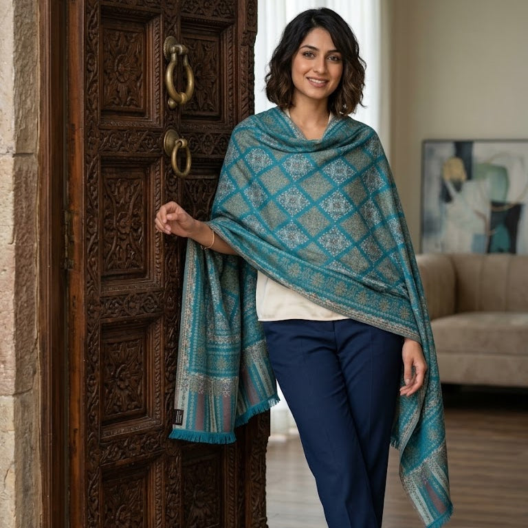 A woman stands in a doorway wearing a teal and blue patterned shawl draped over her shoulders, paired with a white top and navy pants, in an indoor setting with a carved wooden door and a sofa in the background.