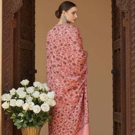 Pink Sozni Wool Blend Shawl - Multifloral Design for Evening Wear