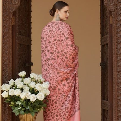 Pink Sozni Wool Blend Shawl - Multifloral Design for Evening Wear