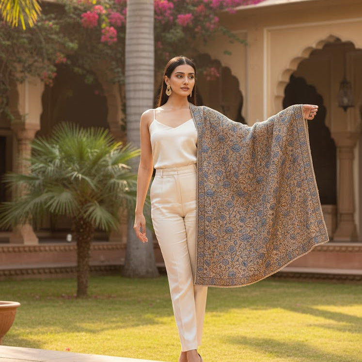 Beautiful Sozni embroidery shawl in beige with blue embroidery draped over a female model standing in a beautiful courtyard setting