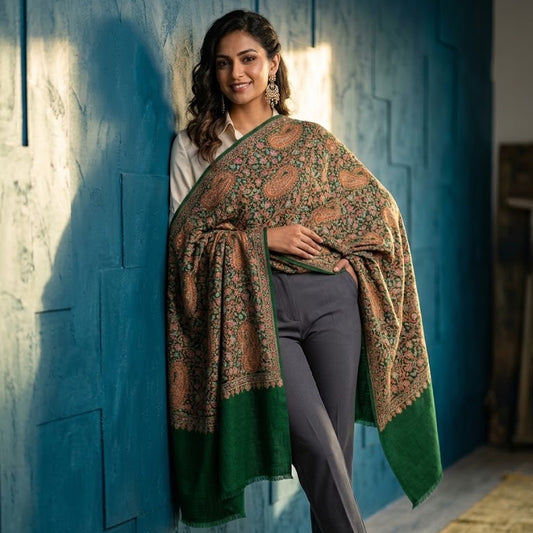 A woman models a traditional patterned shawl draped over her shoulders, paired with gray trousers and green loafers, standing against a textured blue wall.