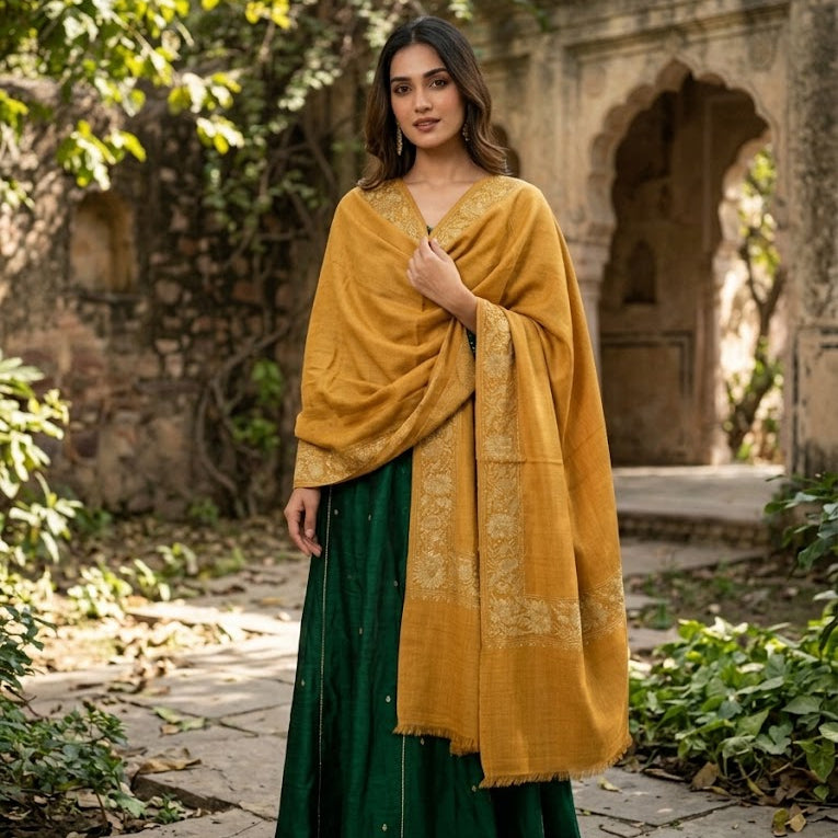 A woman stands outdoors in a stone courtyard wearing a dark green skirt, a mustard yellow shawl draped over her shoulders, and beige shoes. Lush green foliage and an old stone archway are visible in the background.
