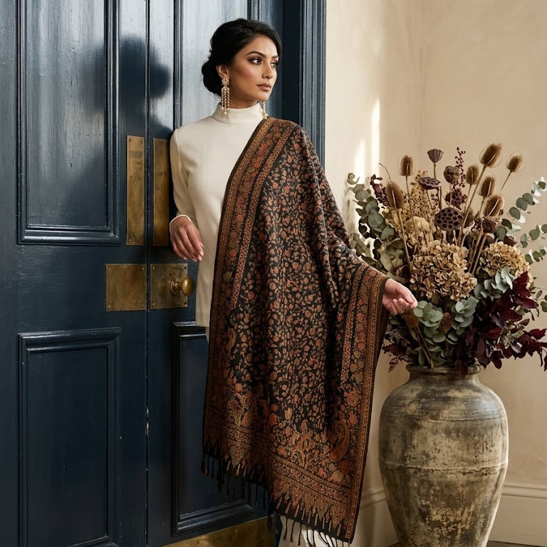 A woman models a dark brown and black patterned shawl draped over her shoulders, paired with a cream mock-neck top and trousers, standing in front of a dark blue paneled door next to a large rustic vase filled with dried flowers.