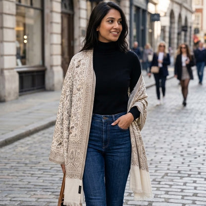 A woman stands on a cobblestone city street wearing a black turtleneck, blue jeans, and a cream lace-trim shawl draped over her shoulders. She is holding a brown leather handbag.