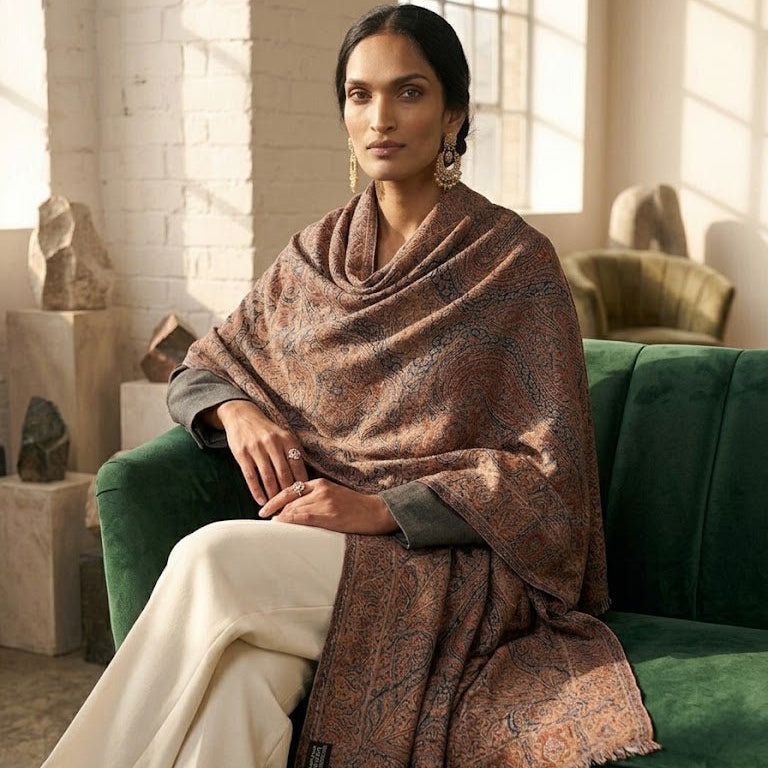 A woman sits on a green velvet sofa in a sunlit room, draped in a large patterned shawl or wrap in earthy brown, rust, and beige tones. She is wearing cream wide-leg pants and black sandals.