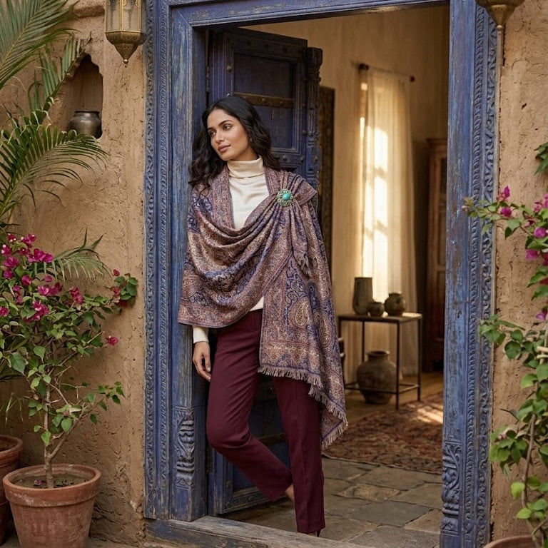 A woman stands in a doorway wearing a patterned shawl draped over her shoulders, burgundy pants, and a white top. The setting features a rustic beige wall, a carved blue wooden door frame, potted plants, and warm ambient lighting.